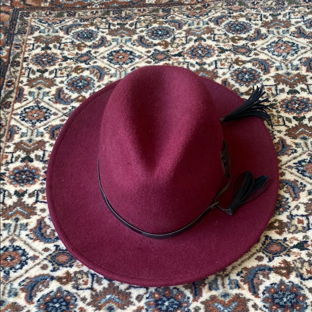 Red Fedora Hat with Wide Brim and Black Band